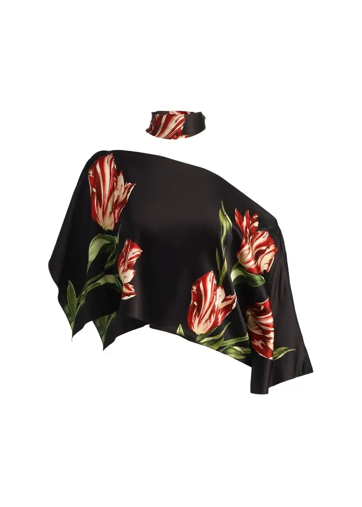 Alice + Olivia Rita Draped Floral One-Shoulder Crop Top | Image 1 Alice + Olivia Rita Draped Floral One-Shoulder Crop Top | Image 1