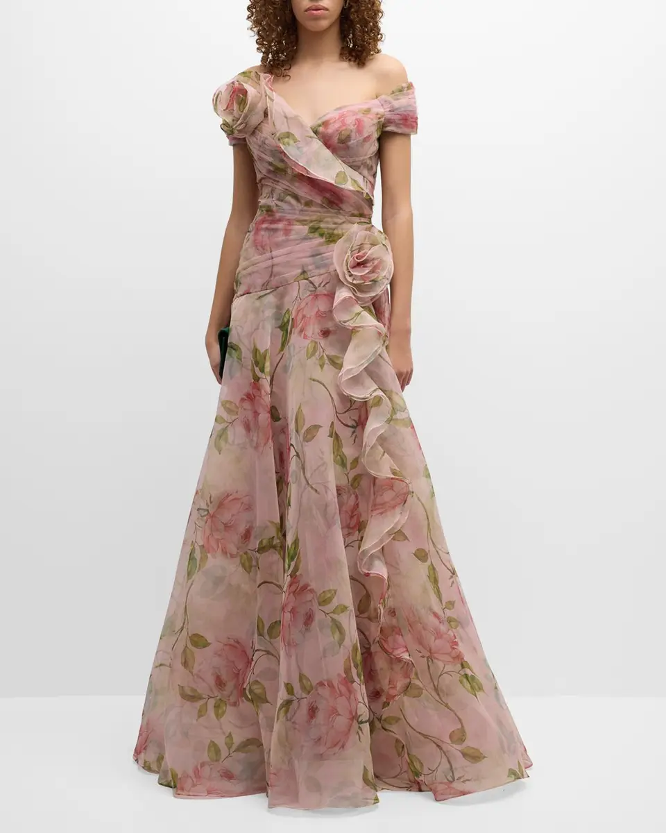 Rickie Freeman for Teri Jon Pleated Off-Shoulder Floral-Print Organza Gown | Thumbnail 2 Rickie Freeman for Teri Jon Pleated Off-Shoulder Floral-Print Organza Gown | Thumbnail 2