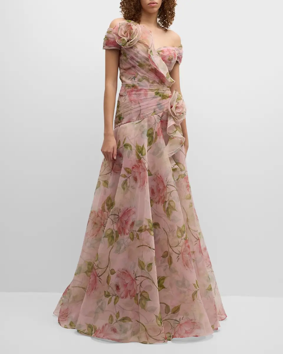 Rickie Freeman for Teri Jon Pleated Off-Shoulder Floral-Print Organza Gown | Thumbnail 3 Rickie Freeman for Teri Jon Pleated Off-Shoulder Floral-Print Organza Gown | Thumbnail 3