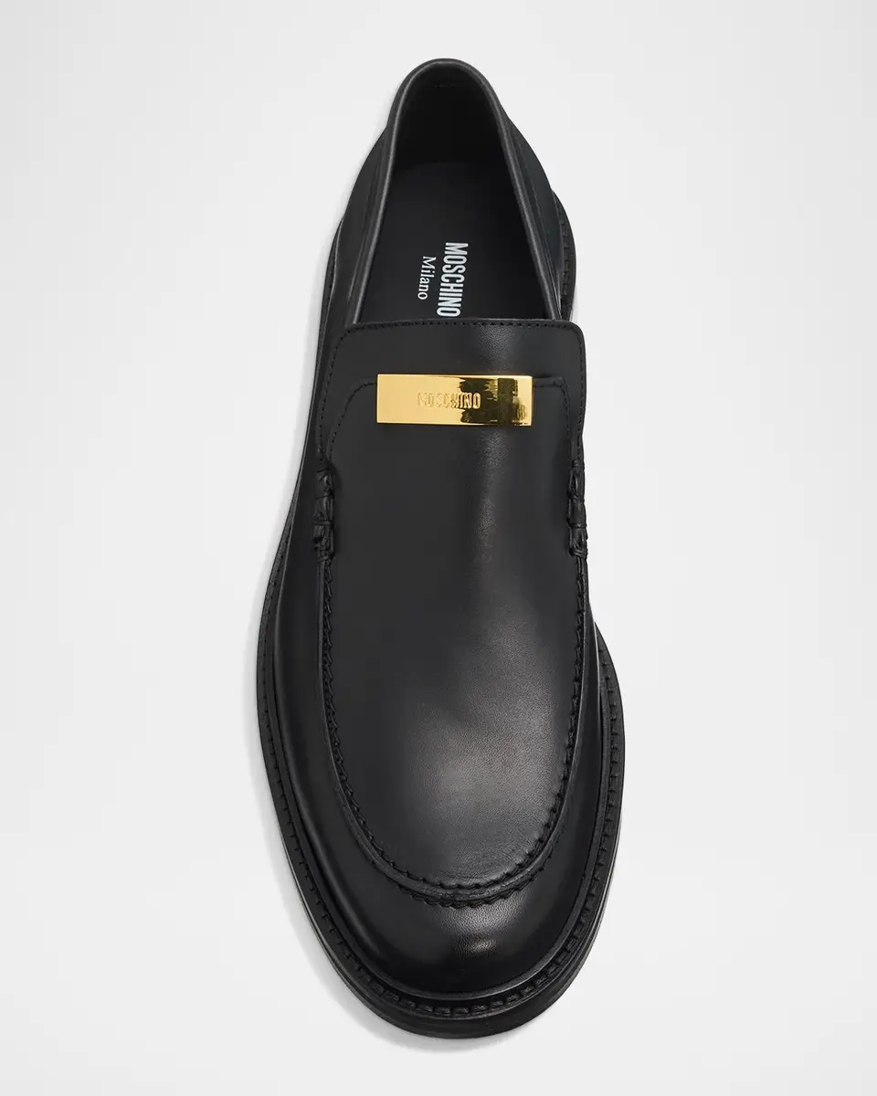 MOSCHINO Men's Logo Plaque Leather Loafers | Thumbnail 6