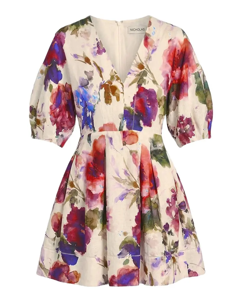 NICHOLAS Josefa Pleated Puff-Sleeve Linen Mini Dress | Image 1 NICHOLAS Josefa Pleated Puff-Sleeve Linen Mini Dress | Image 1