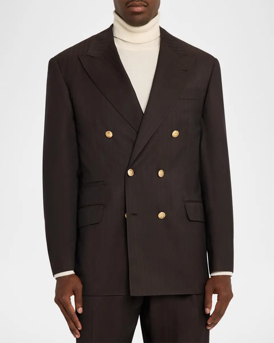 Brunello Cucinelli Men's Wool and Cashmere Chevron Double-Breasted Suit | Thumbnail 4 Brunello Cucinelli Men's Wool and Cashmere Chevron Double-Breasted Suit | Thumbnail 4