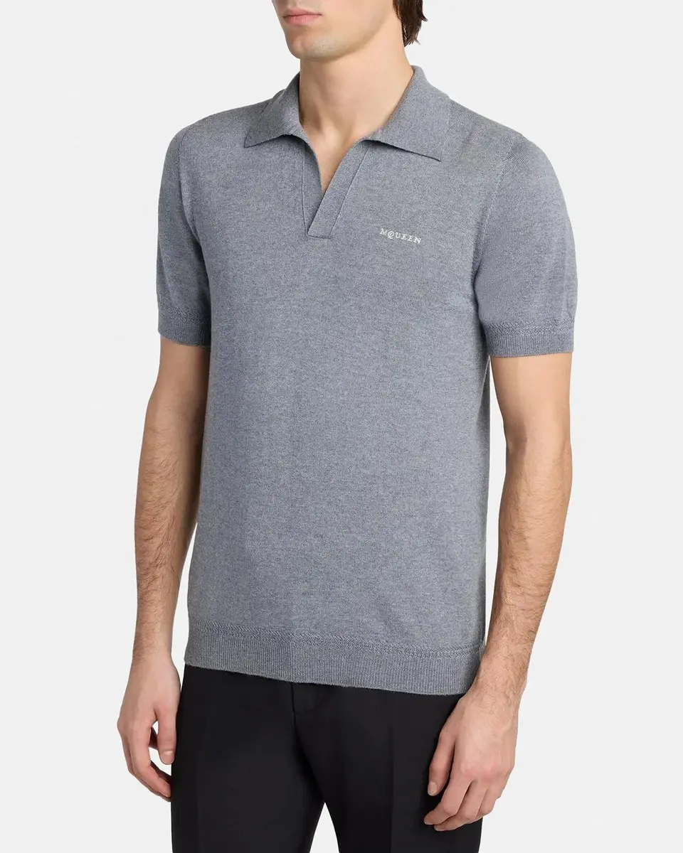 Alexander McQueen Men's Wool Knit Johnny Collar Short-Sleeve Polo Sweater | Thumbnail 4 Alexander McQueen Men's Wool Knit Johnny Collar Short-Sleeve Polo Sweater | Thumbnail 4