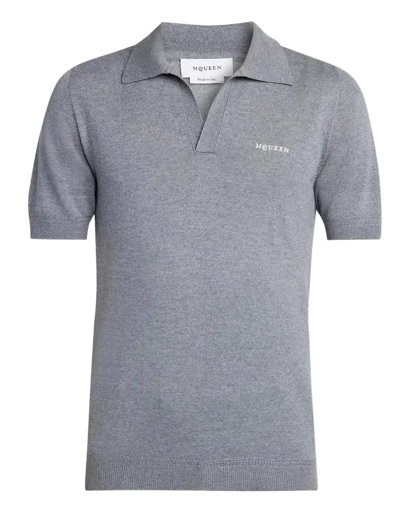 McQueen Men's Wool Knit Johnny Collar Short-Sleeve Polo Sweater | Image 1 McQueen Men's Wool Knit Johnny Collar Short-Sleeve Polo Sweater | Image 1