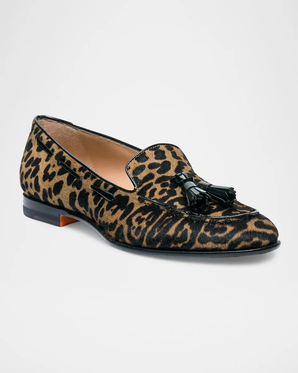 Santoni Leopard Calf Hair Tassel Loafers | Thumbnail 2