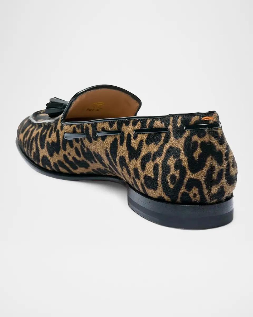 Santoni Leopard Calf Hair Tassel Loafers | Thumbnail 3