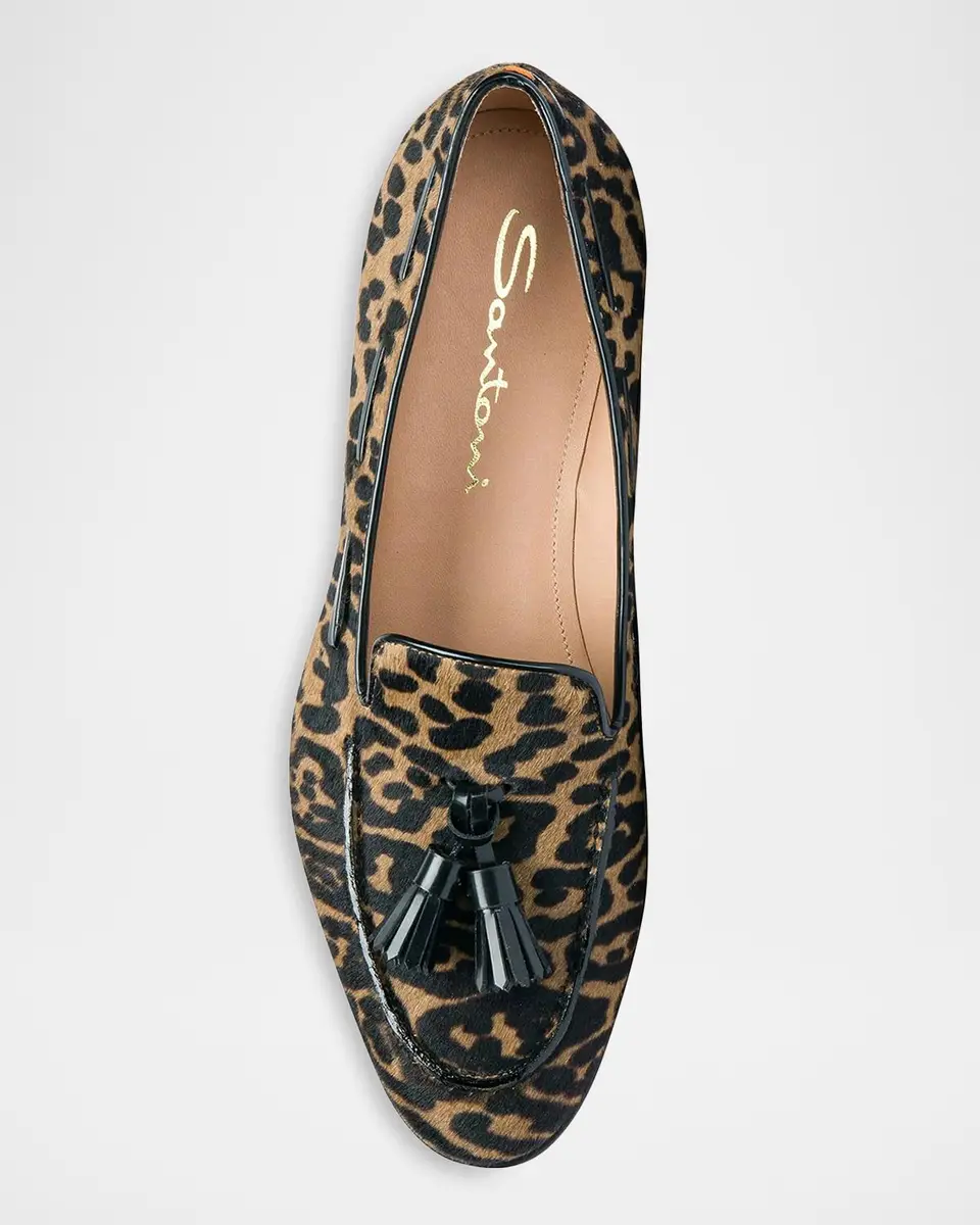 Santoni Leopard Calf Hair Tassel Loafers | Thumbnail 5