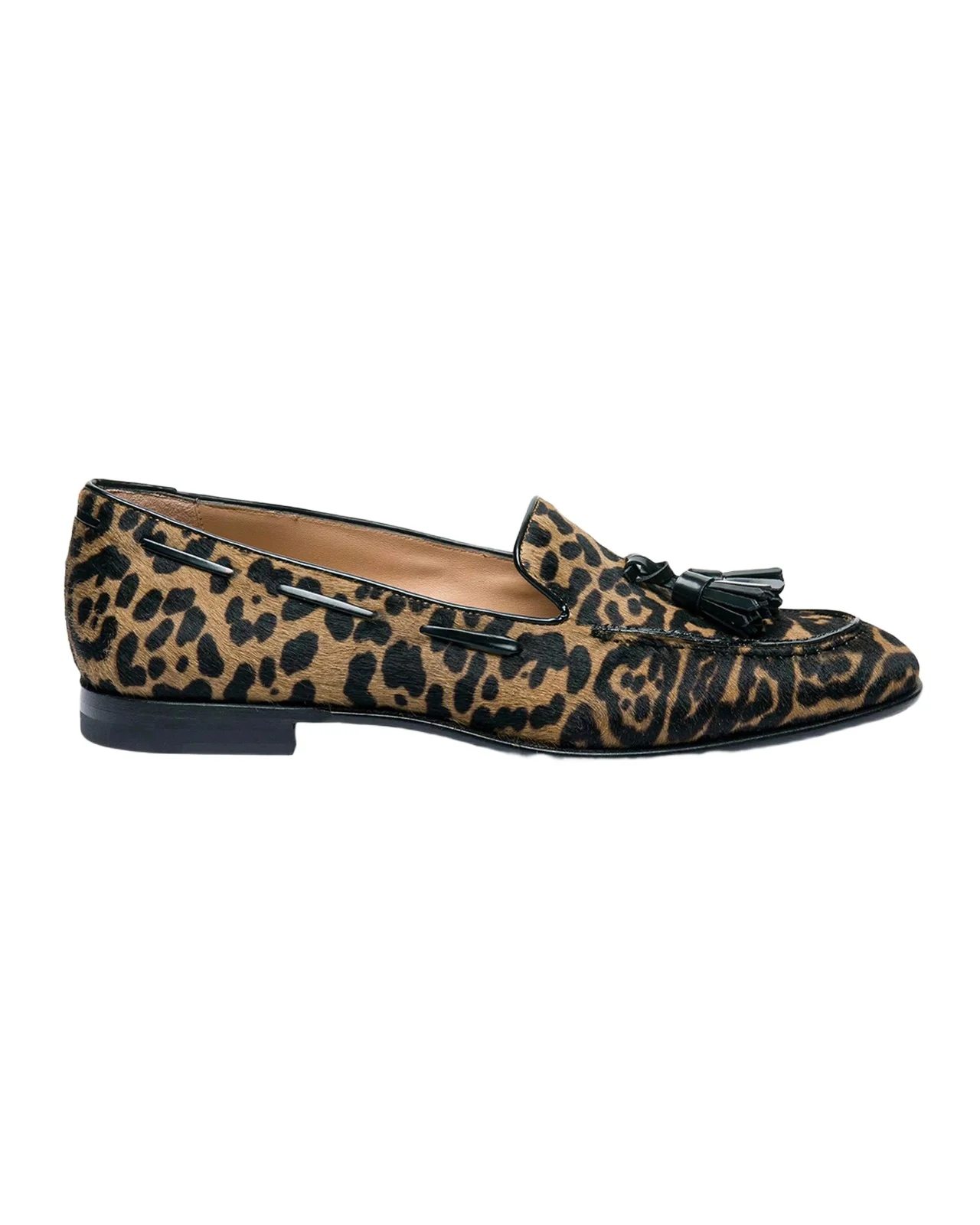 Santoni Leopard Calf Hair Tassel Loafers