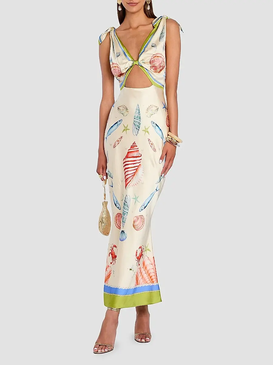 Retrofête Women's Carlotte Seashell-Print Silk Satin Midi Dress | Thumbnail 2 Retrofête Women's Carlotte Seashell-Print Silk Satin Midi Dress | Thumbnail 2