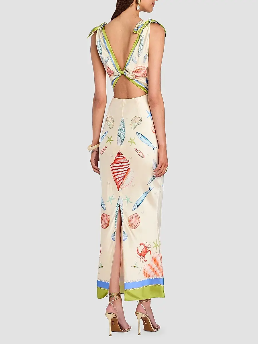 Retrofête Women's Carlotte Seashell-Print Silk Satin Midi Dress | Thumbnail 3 Retrofête Women's Carlotte Seashell-Print Silk Satin Midi Dress | Thumbnail 3
