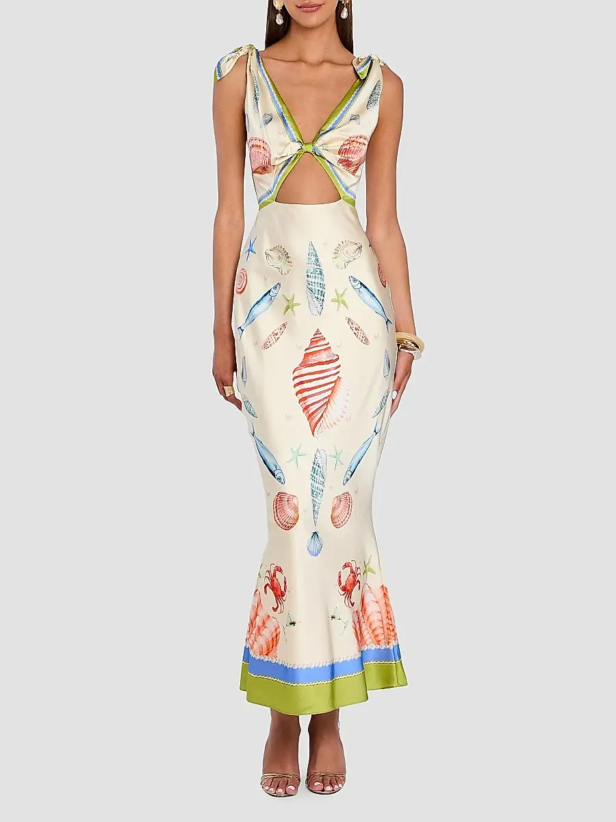 Retrofête Women's Carlotte Seashell-Print Silk Satin Midi Dress | Thumbnail 4 Retrofête Women's Carlotte Seashell-Print Silk Satin Midi Dress | Thumbnail 4