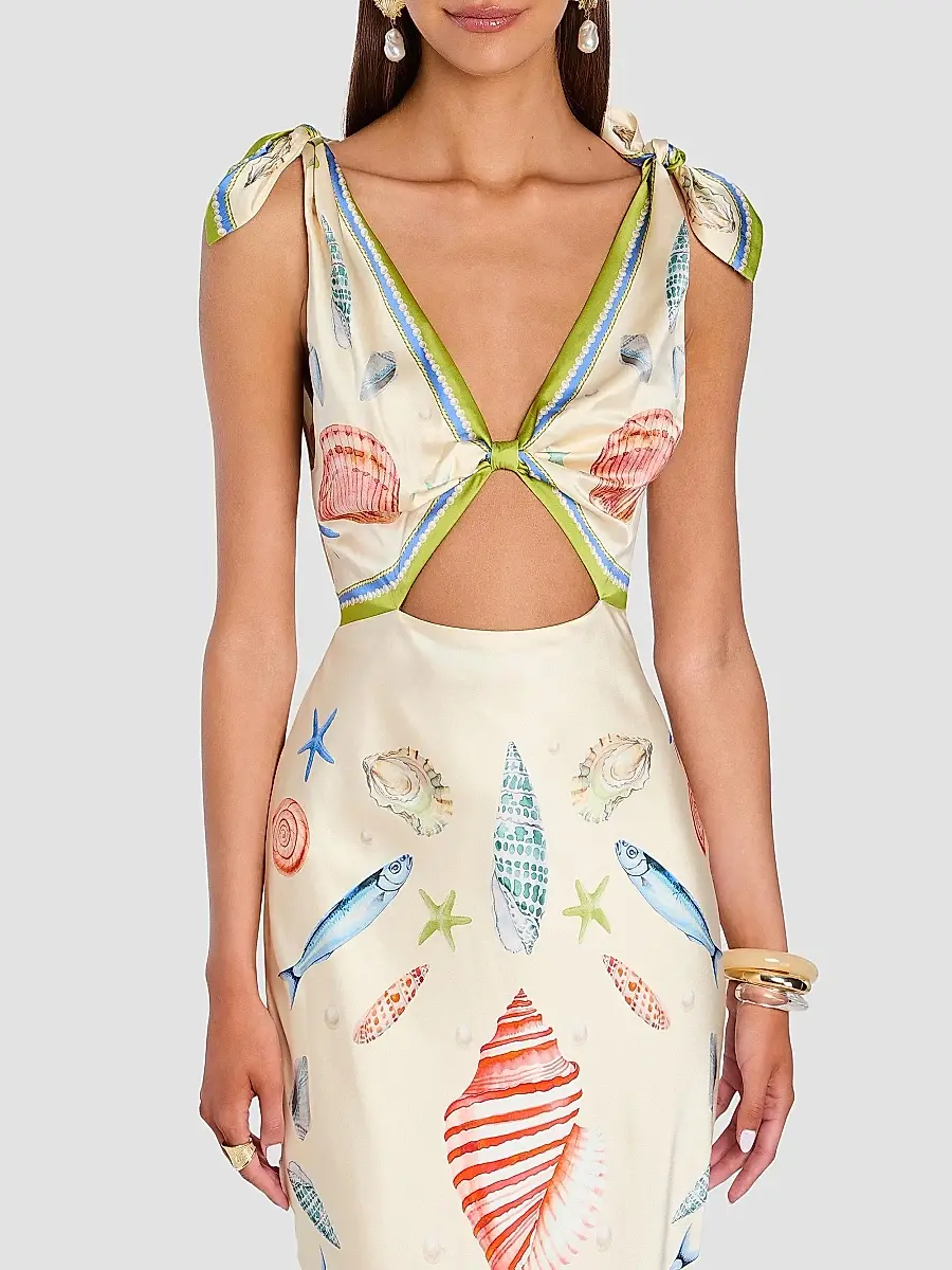 Retrofête Women's Carlotte Seashell-Print Silk Satin Midi Dress | Thumbnail 5 Retrofête Women's Carlotte Seashell-Print Silk Satin Midi Dress | Thumbnail 5