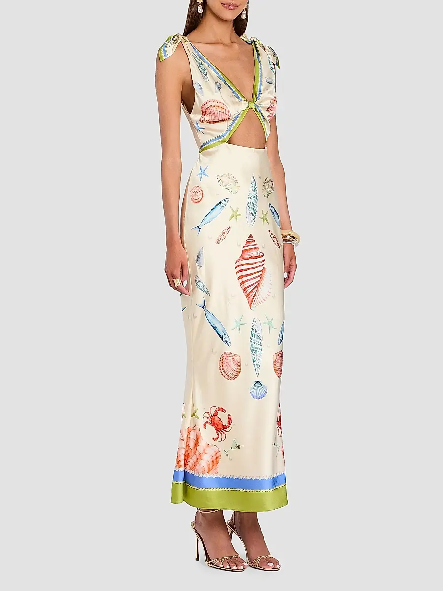Retrofête Women's Carlotte Seashell-Print Silk Satin Midi Dress | Thumbnail 7 Retrofête Women's Carlotte Seashell-Print Silk Satin Midi Dress | Thumbnail 7