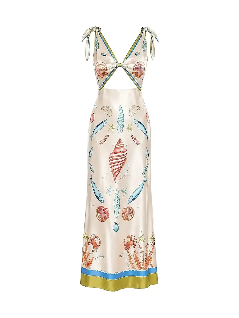 Retrofête Women's Carlotte Seashell-Print Silk Satin Midi Dress - Lacqua Marine | Image 1 Retrofête Women's Carlotte Seashell-Print Silk Satin Midi Dress - Lacqua Marine | Image 1