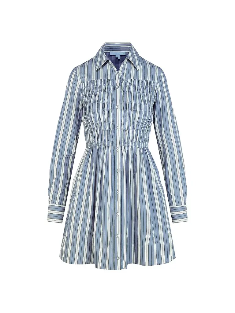 Hill House Home Women's The Mira Dress - Coln Ticking Stripe Dusty Blue | Image 1 Hill House Home Women's The Mira Dress - Coln Ticking Stripe Dusty Blue | Image 1