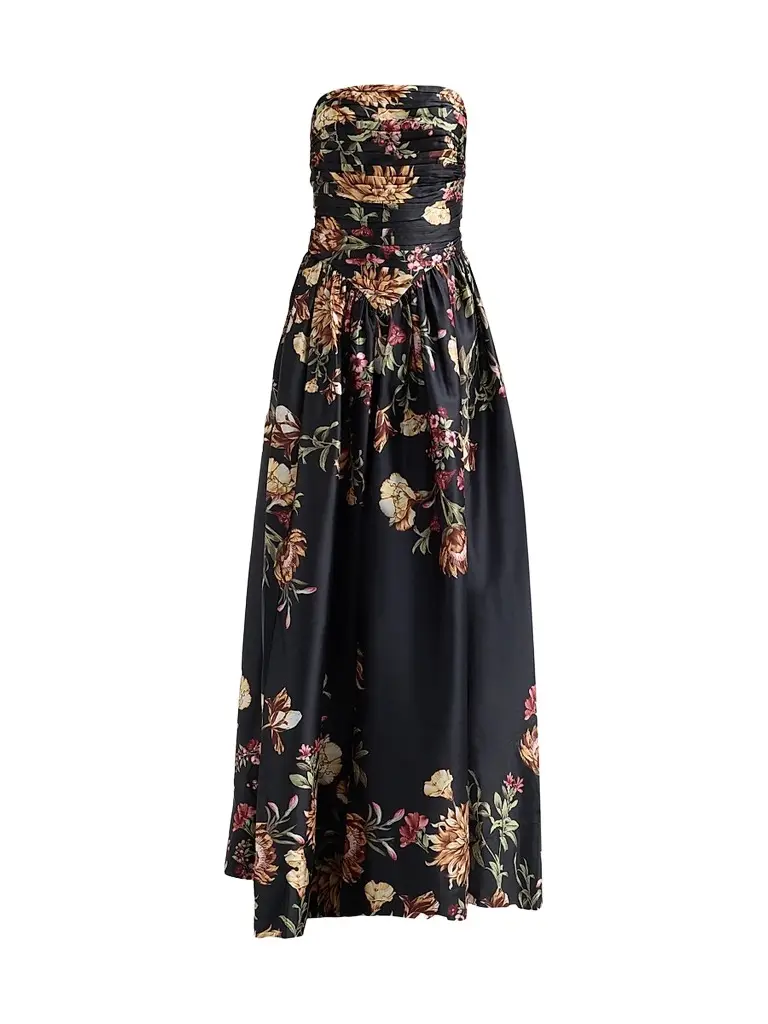 Hemant & Nandita Women's Floral Ruched Strapless Maxi Dress - Black | Image 1 Hemant & Nandita Women's Floral Ruched Strapless Maxi Dress - Black | Image 1
