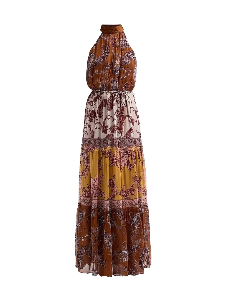 Hemant & Nandita Women's Colorblocked Tiered Maxi Dress - Brown | Image 1 Hemant & Nandita Women's Colorblocked Tiered Maxi Dress - Brown | Image 1