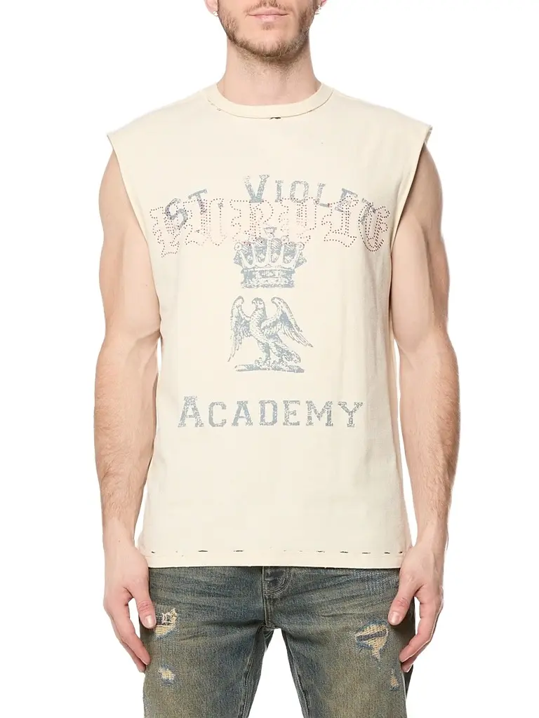 Purple Brand Men's Embellished Graphic Sleeveless Cotton T-Shirt - Off White | Image 1 Purple Brand Men's Embellished Graphic Sleeveless Cotton T-Shirt - Off White | Image 1