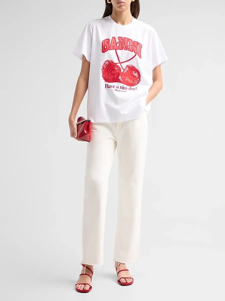 Ganni Women's Cherry Cotton Crewneck T-Shirt | Thumbnail 2 Ganni Women's Cherry Cotton Crewneck T-Shirt | Thumbnail 2
