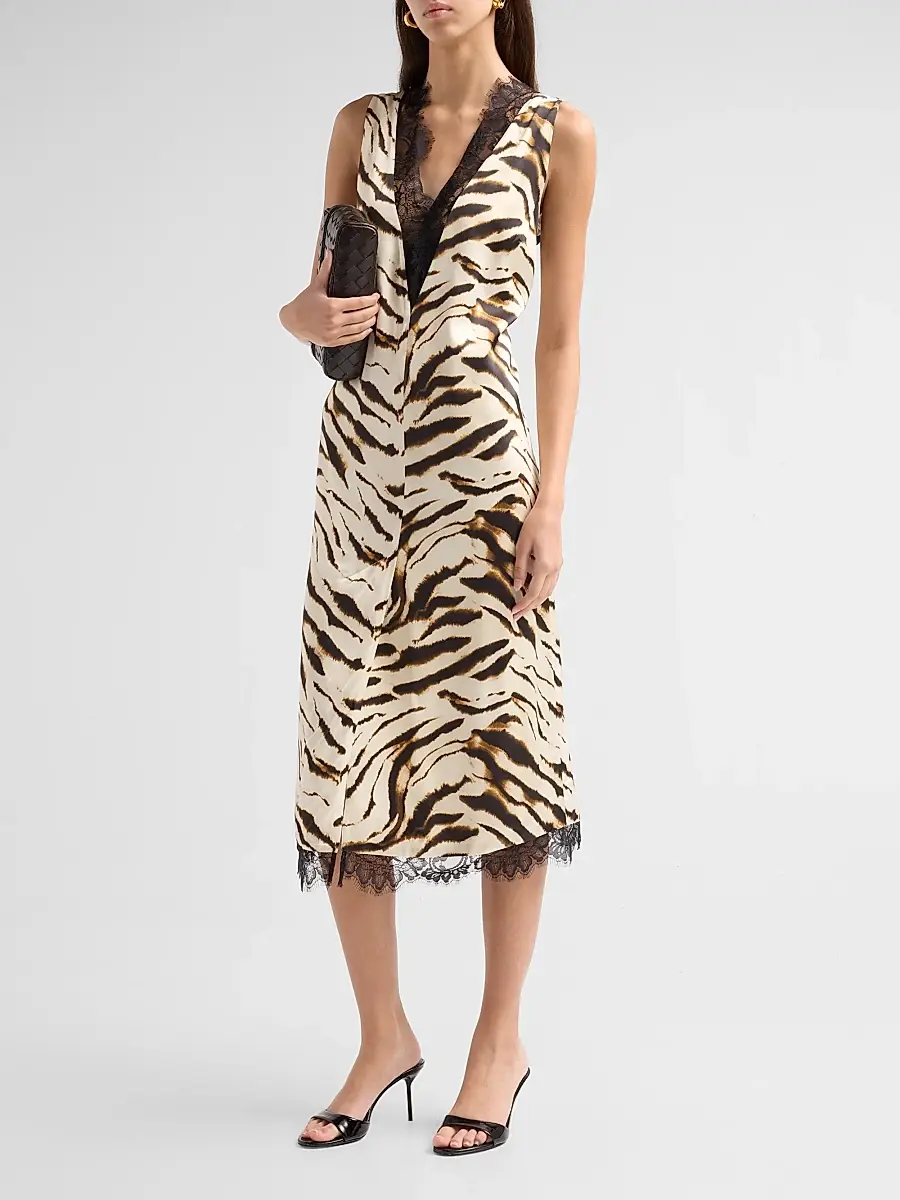 Ganni Women's Printed Satin V-Neck Midi Dress | Thumbnail 4 Ganni Women's Printed Satin V-Neck Midi Dress | Thumbnail 4