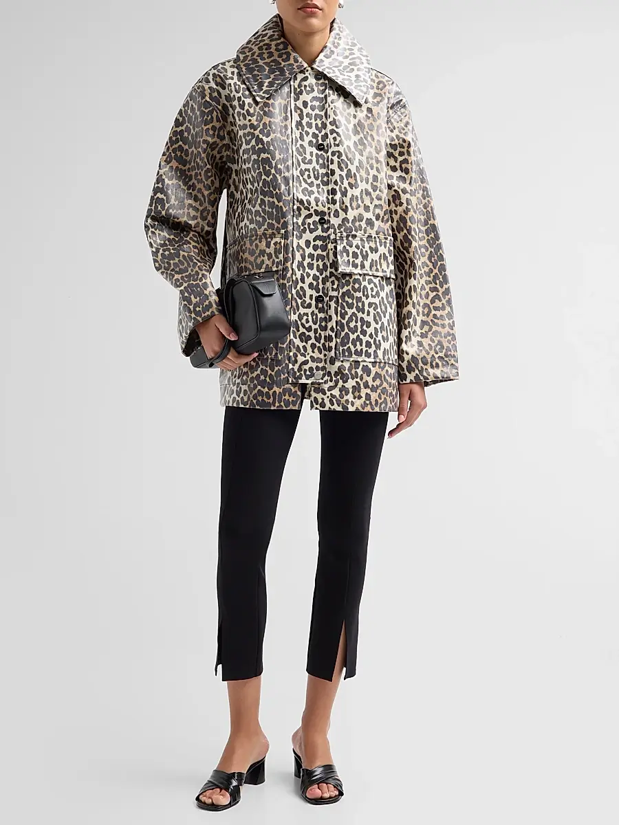 Ganni Women's Laminated Leopard-Print Cotton Canvas Jacket | Thumbnail 2 Ganni Women's Laminated Leopard-Print Cotton Canvas Jacket | Thumbnail 2