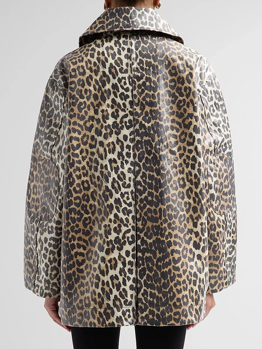 Ganni Women's Laminated Leopard-Print Cotton Canvas Jacket | Thumbnail 3 Ganni Women's Laminated Leopard-Print Cotton Canvas Jacket | Thumbnail 3