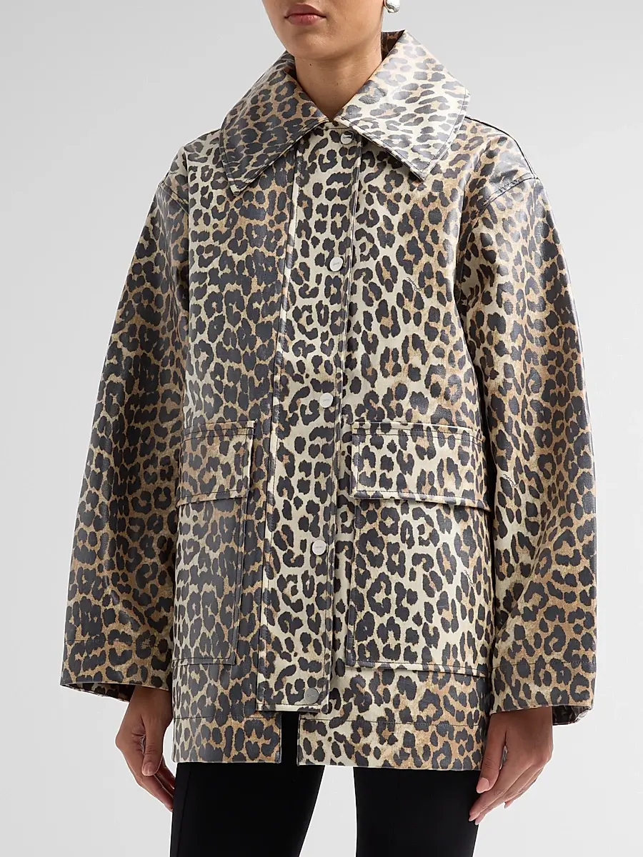 Ganni Women's Laminated Leopard-Print Cotton Canvas Jacket | Thumbnail 4 Ganni Women's Laminated Leopard-Print Cotton Canvas Jacket | Thumbnail 4
