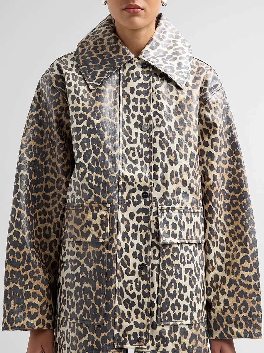 Ganni Women's Laminated Leopard-Print Cotton Canvas Jacket | Thumbnail 5 Ganni Women's Laminated Leopard-Print Cotton Canvas Jacket | Thumbnail 5