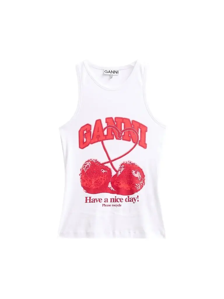 Ganni Women's Compact Rib Jersey Cherry Tank Top - Bright White | Image 1 Ganni Women's Compact Rib Jersey Cherry Tank Top - Bright White | Image 1