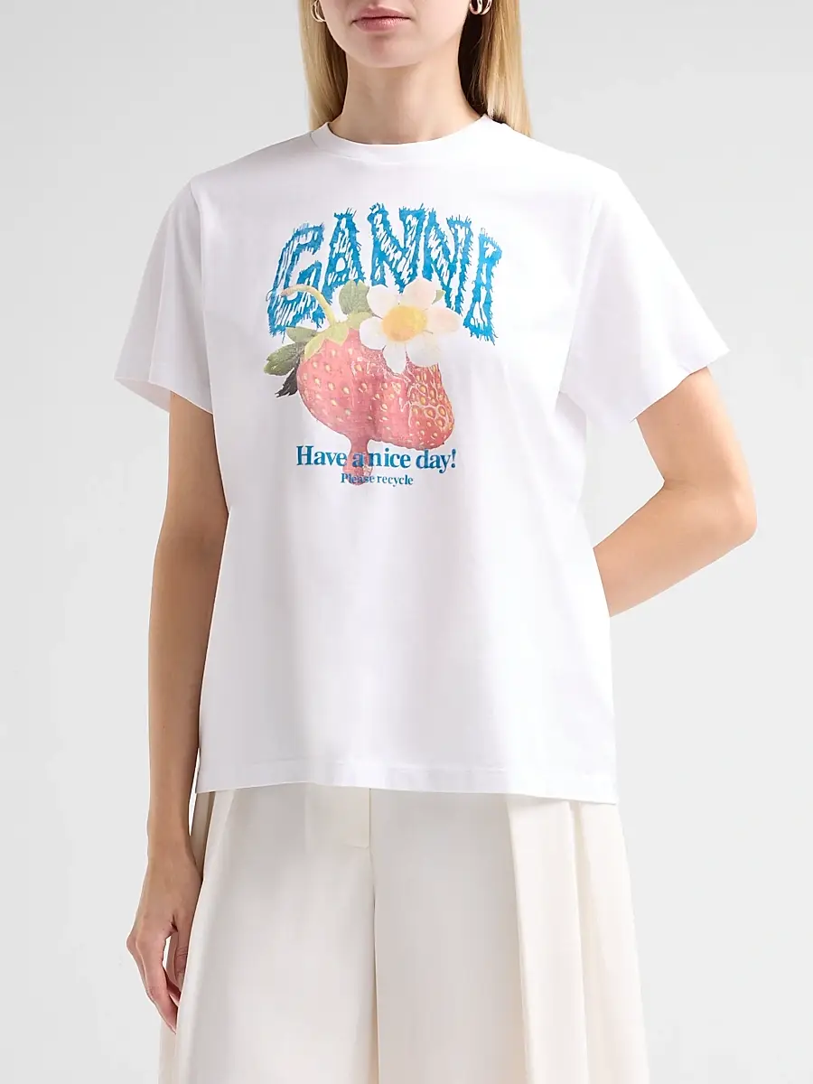 Ganni Women's Strawberry Cotton Jersey Crewneck T-Shirt | Thumbnail 4 Ganni Women's Strawberry Cotton Jersey Crewneck T-Shirt | Thumbnail 4