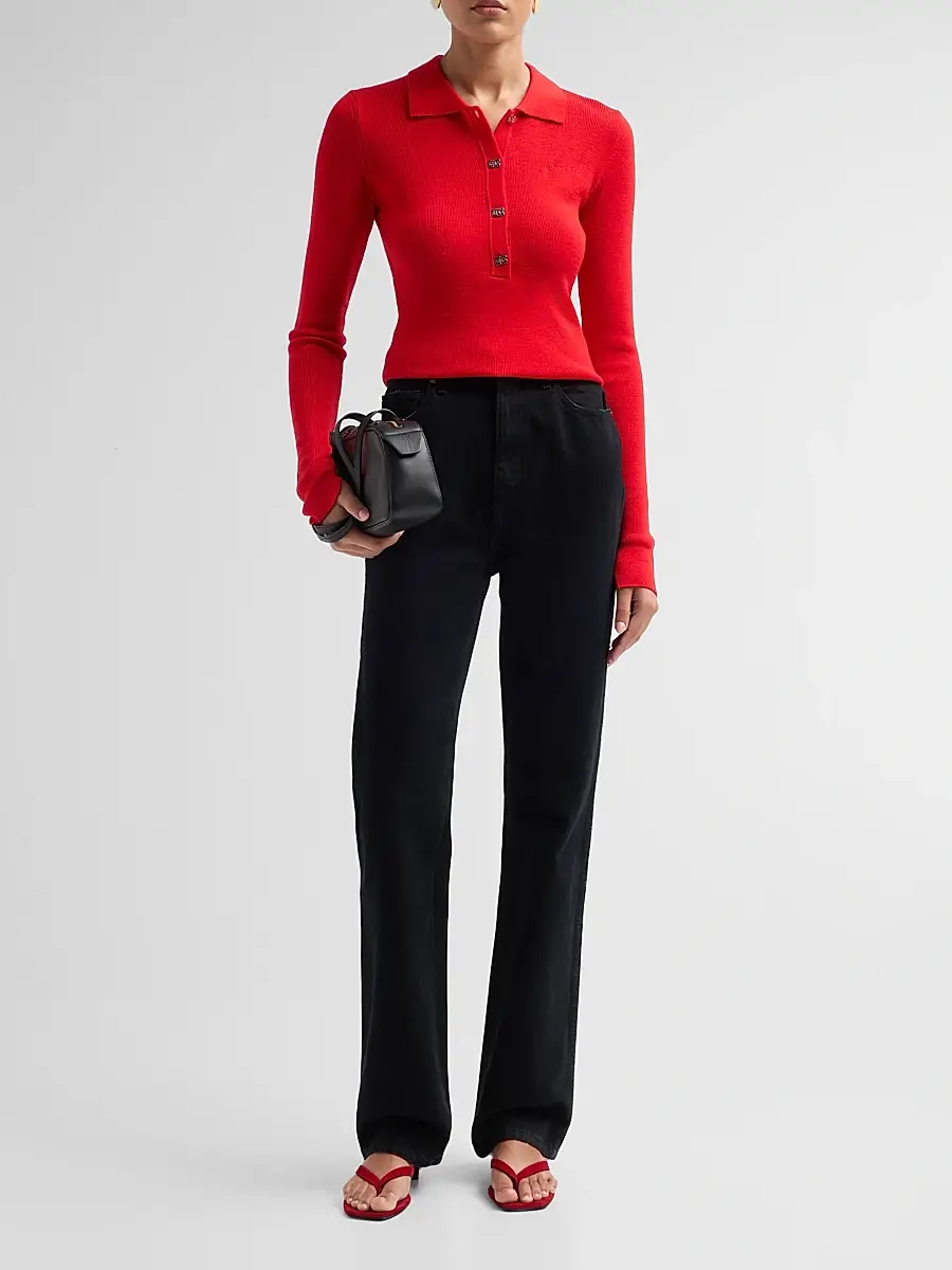 Ganni Women's Mini Merino Rib-Knit Long-Sleeve Polo Top | Thumbnail 2