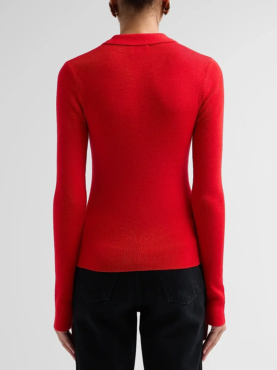 Ganni Women's Mini Merino Rib-Knit Long-Sleeve Polo Top | Thumbnail 3