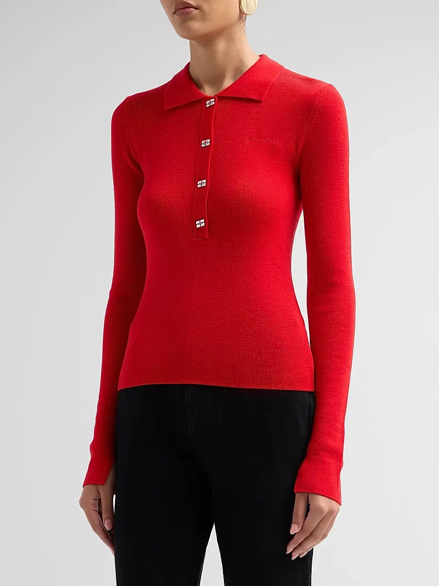 Ganni Women's Mini Merino Rib-Knit Long-Sleeve Polo Top | Thumbnail 4