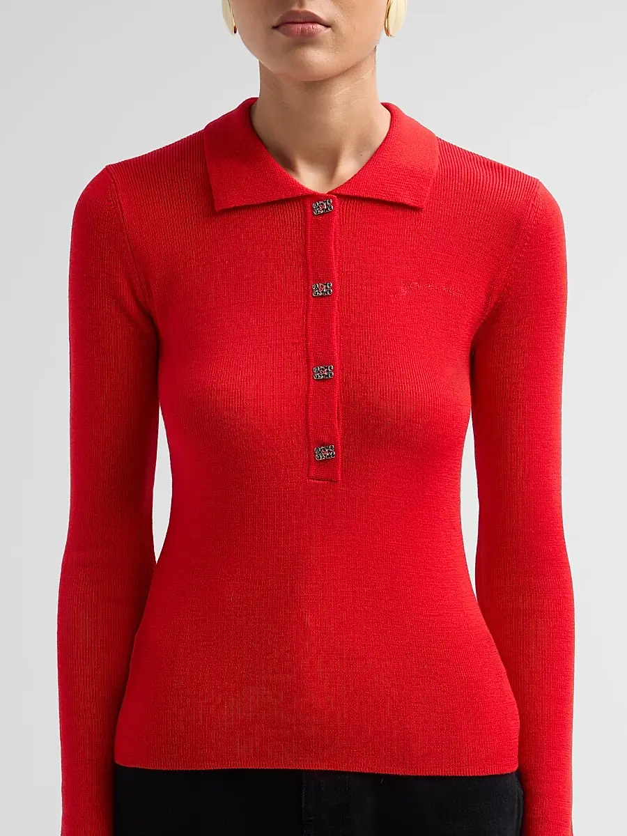 Ganni Women's Mini Merino Rib-Knit Long-Sleeve Polo Top | Thumbnail 5