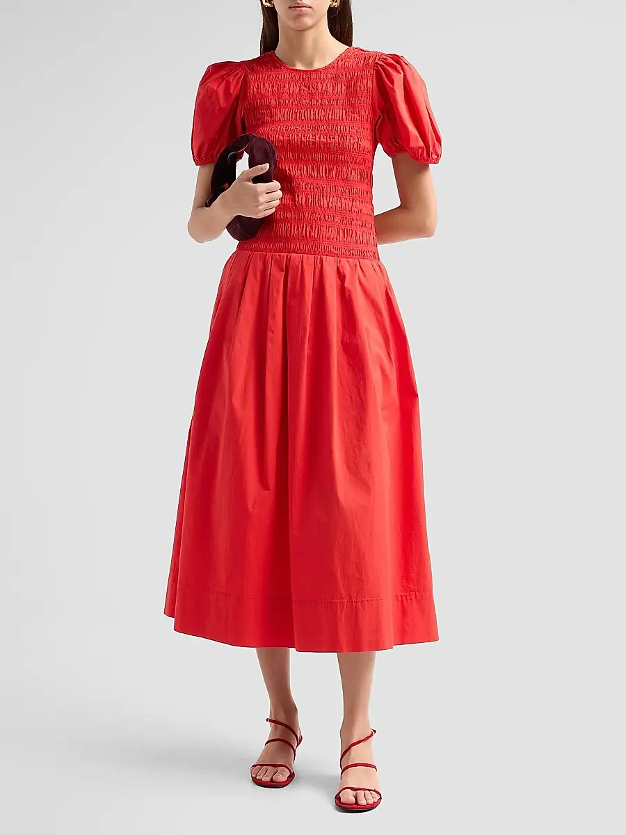 Ganni Women's Stretch-Cotton Smocked Midi Dress | Thumbnail 2 Ganni Women's Stretch-Cotton Smocked Midi Dress | Thumbnail 2