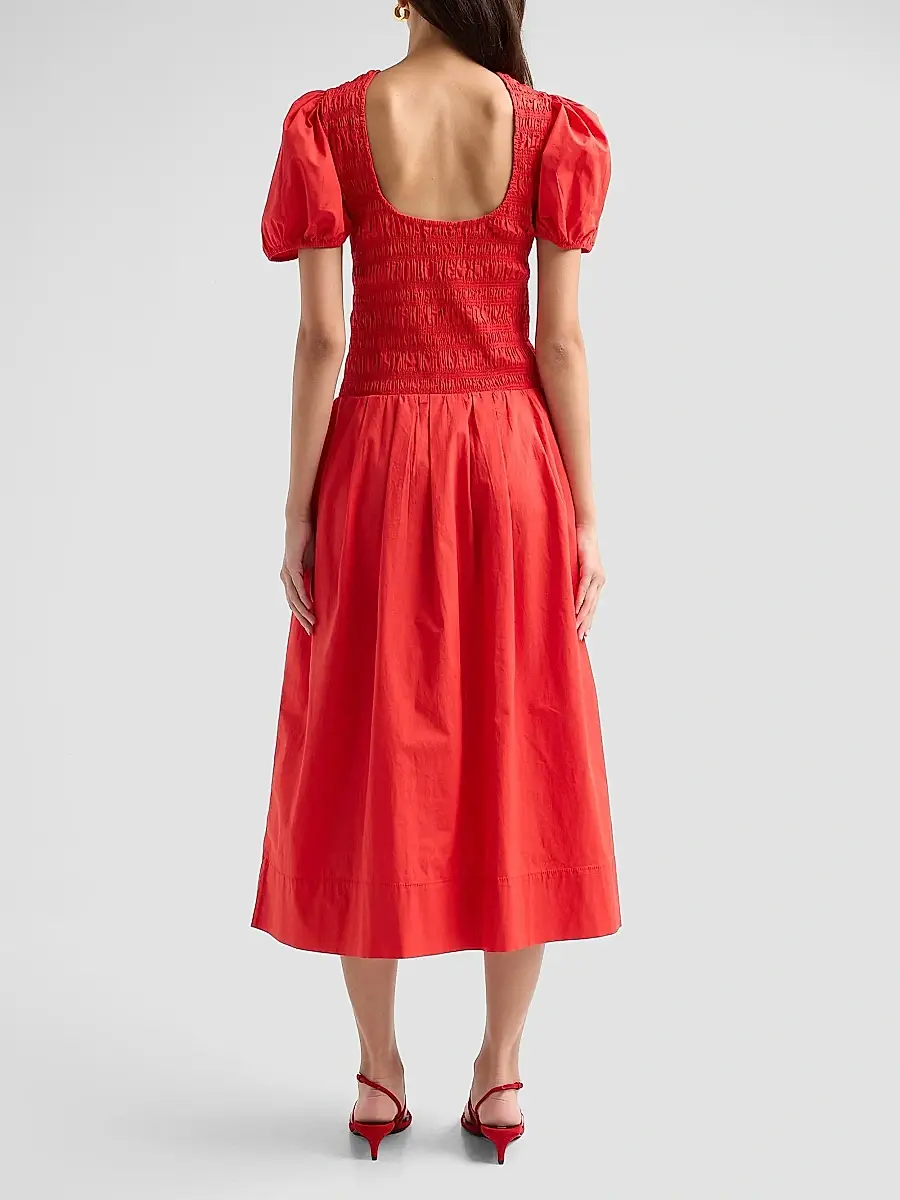 Ganni Women's Stretch-Cotton Smocked Midi Dress | Thumbnail 3 Ganni Women's Stretch-Cotton Smocked Midi Dress | Thumbnail 3