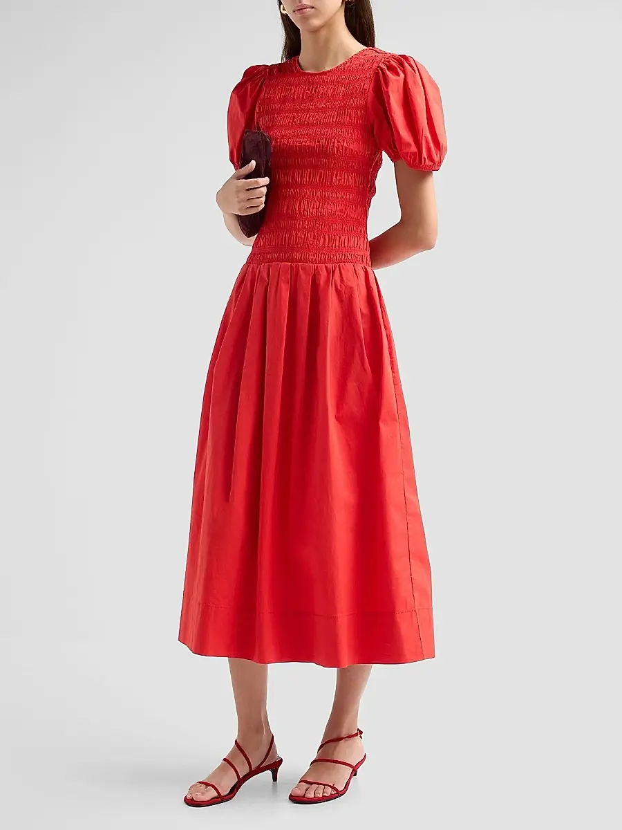 Ganni Women's Stretch-Cotton Smocked Midi Dress | Thumbnail 4 Ganni Women's Stretch-Cotton Smocked Midi Dress | Thumbnail 4