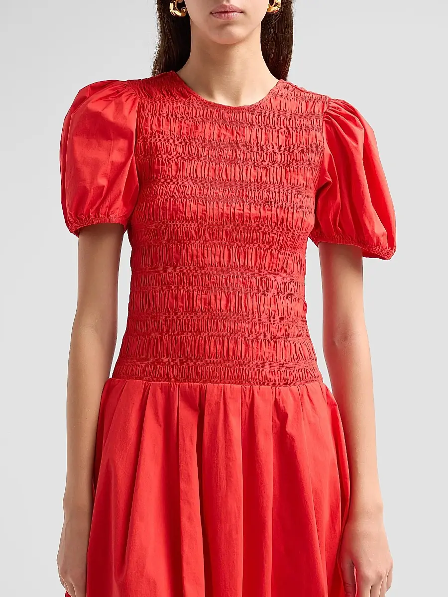 Ganni Women's Stretch-Cotton Smocked Midi Dress | Thumbnail 5 Ganni Women's Stretch-Cotton Smocked Midi Dress | Thumbnail 5