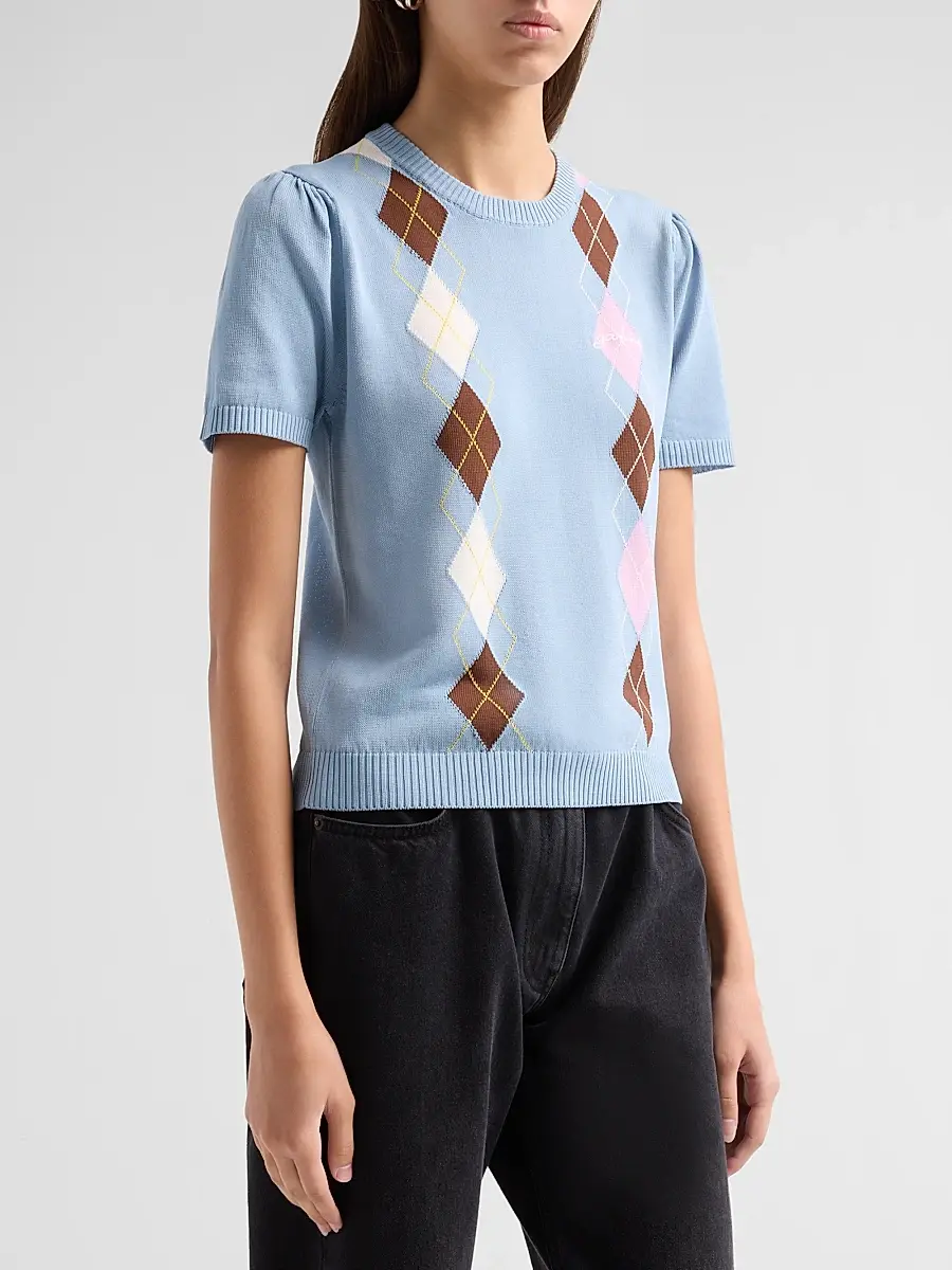 Ganni Women's Argyle Cotton Knit Crewneck T-Shirt | Thumbnail 4 Ganni Women's Argyle Cotton Knit Crewneck T-Shirt | Thumbnail 4