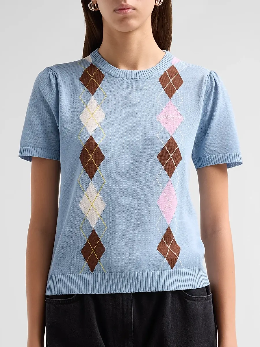 Ganni Women's Argyle Cotton Knit Crewneck T-Shirt | Thumbnail 5 Ganni Women's Argyle Cotton Knit Crewneck T-Shirt | Thumbnail 5