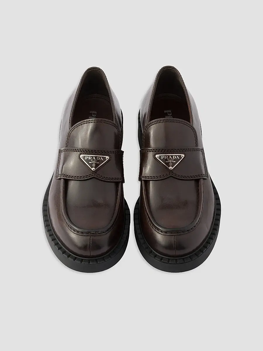 Prada Men's Chocolate Aged Leather Loafers | Thumbnail 2