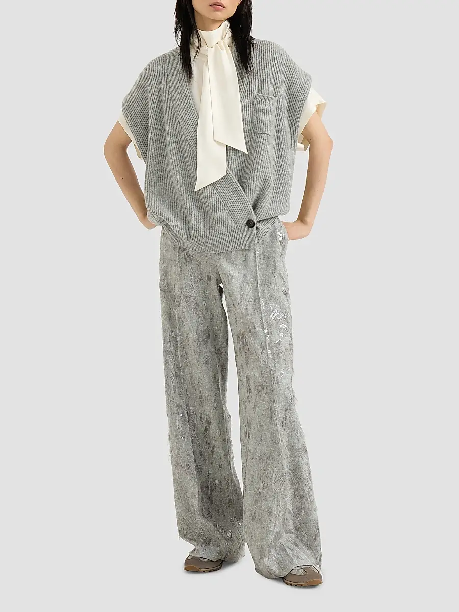 Brunello Cucinelli Women's Virgin Wool and Cashmere Twill Flannel Loose Flared Trousers | Thumbnail 2 Brunello Cucinelli Women's Virgin Wool and Cashmere Twill Flannel Loose Flared Trousers | Thumbnail 2