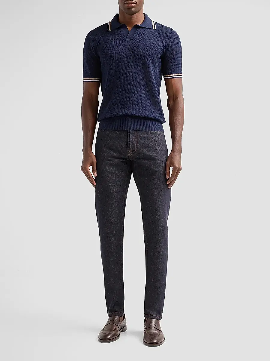 Isaia Men's Varsity Silk-Linen Polo Shirt | Thumbnail 2 Isaia Men's Varsity Silk-Linen Polo Shirt | Thumbnail 2
