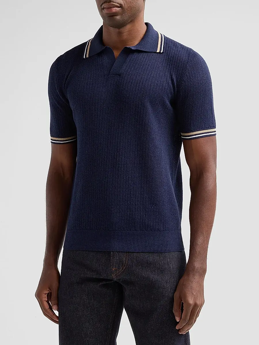 Isaia Men's Varsity Silk-Linen Polo Shirt | Thumbnail 4 Isaia Men's Varsity Silk-Linen Polo Shirt | Thumbnail 4