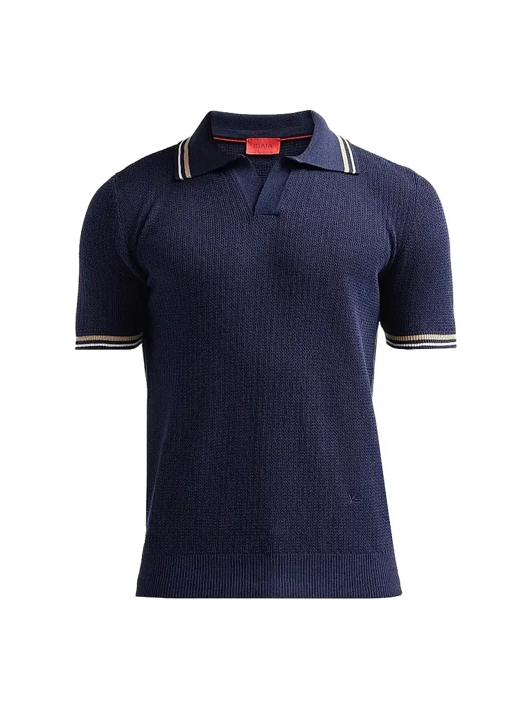 Isaia Men's Varsity Silk-Linen Polo Shirt - Dark Blue - Size Small | Image 1 Isaia Men's Varsity Silk-Linen Polo Shirt - Dark Blue - Size Small | Image 1