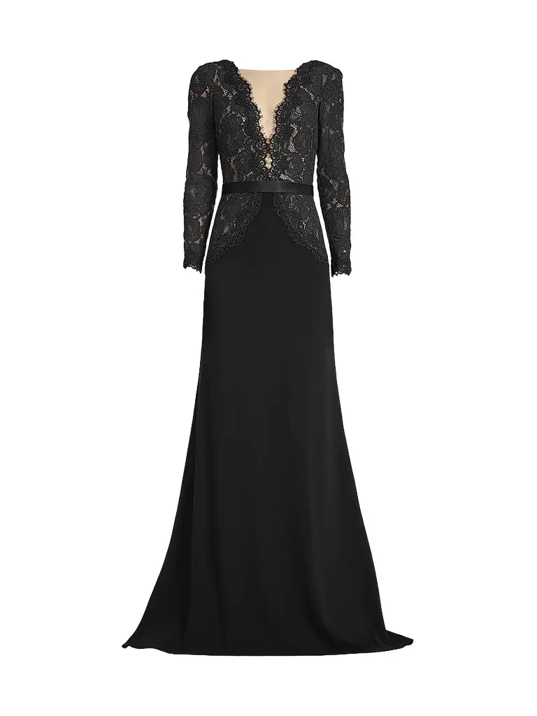 Tadashi Shoji Women's Corwin Embroidered Illusion Gown - Black Beige | Image 1 Tadashi Shoji Women's Corwin Embroidered Illusion Gown - Black Beige | Image 1