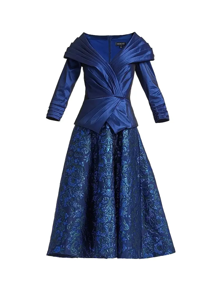 Tadashi Shoji Women's Renwick Portrait Jaquard Cocktail Dress - Navy Multi | Image 1 Tadashi Shoji Women's Renwick Portrait Jaquard Cocktail Dress - Navy Multi | Image 1