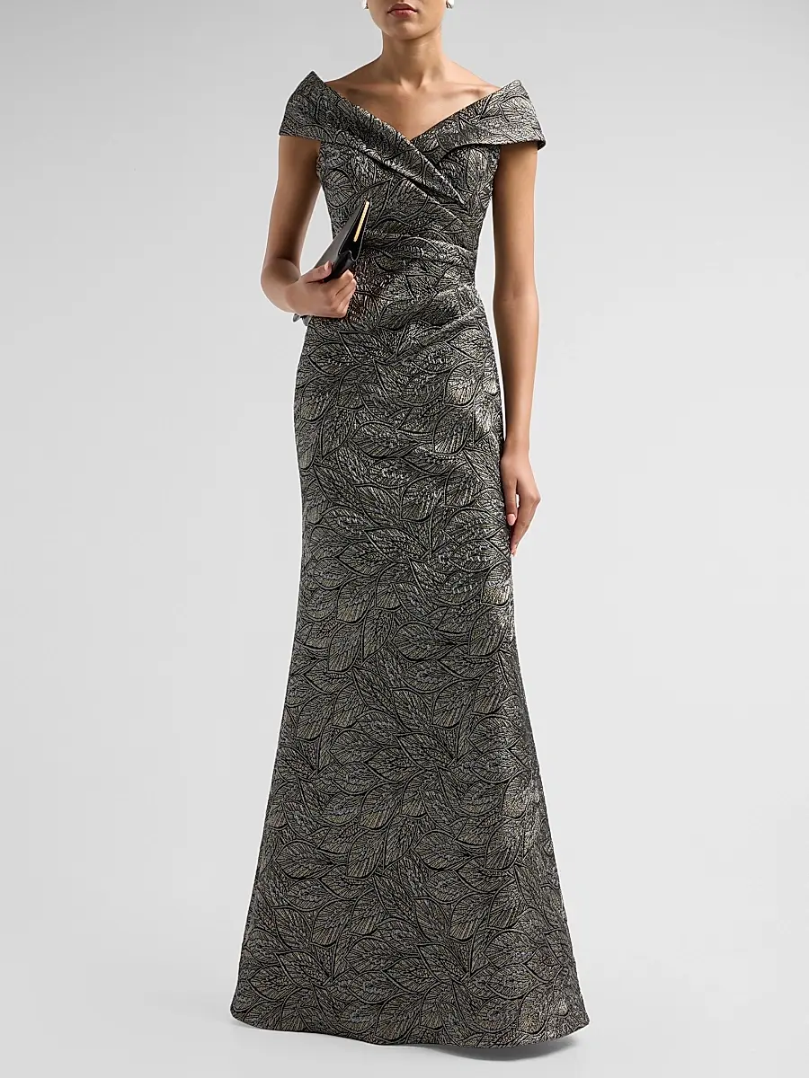 Teri Jon by Rickie Freeman Women's Leaf Pattern Jacquard Off-The-Shoulder Gown | Thumbnail 2 Teri Jon by Rickie Freeman Women's Leaf Pattern Jacquard Off-The-Shoulder Gown | Thumbnail 2