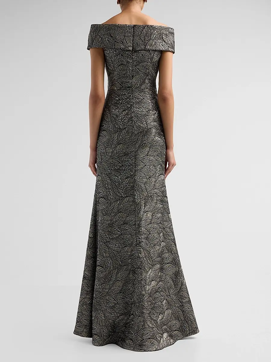 Teri Jon by Rickie Freeman Women's Leaf Pattern Jacquard Off-The-Shoulder Gown | Thumbnail 3 Teri Jon by Rickie Freeman Women's Leaf Pattern Jacquard Off-The-Shoulder Gown | Thumbnail 3