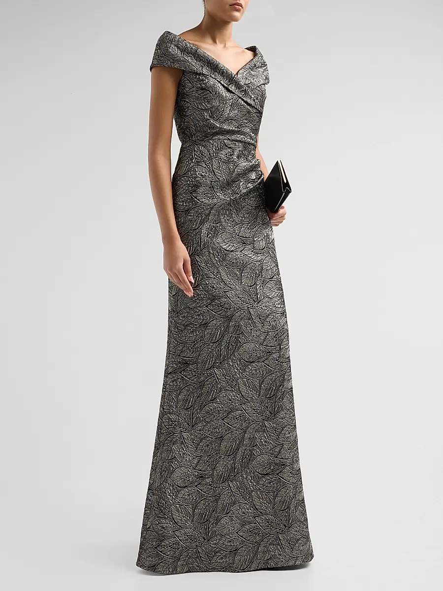 Teri Jon by Rickie Freeman Women's Leaf Pattern Jacquard Off-The-Shoulder Gown | Thumbnail 4 Teri Jon by Rickie Freeman Women's Leaf Pattern Jacquard Off-The-Shoulder Gown | Thumbnail 4